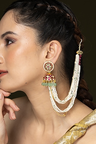 Gold Finish Pearl & Beaded Earchains by Joules By Radhika