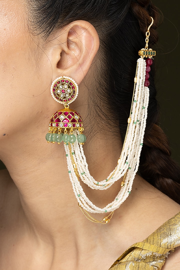 Gold Finish Pearl & Beaded Earchains by Joules By Radhika at Pernia's Pop Up Shop