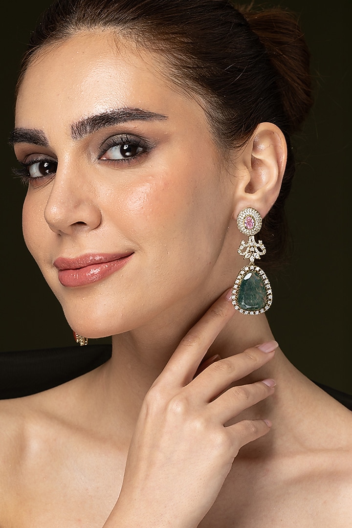 Gold Finish Green Stone & Crystal Dangler Earrings by Joules By Radhika at Pernia's Pop Up Shop