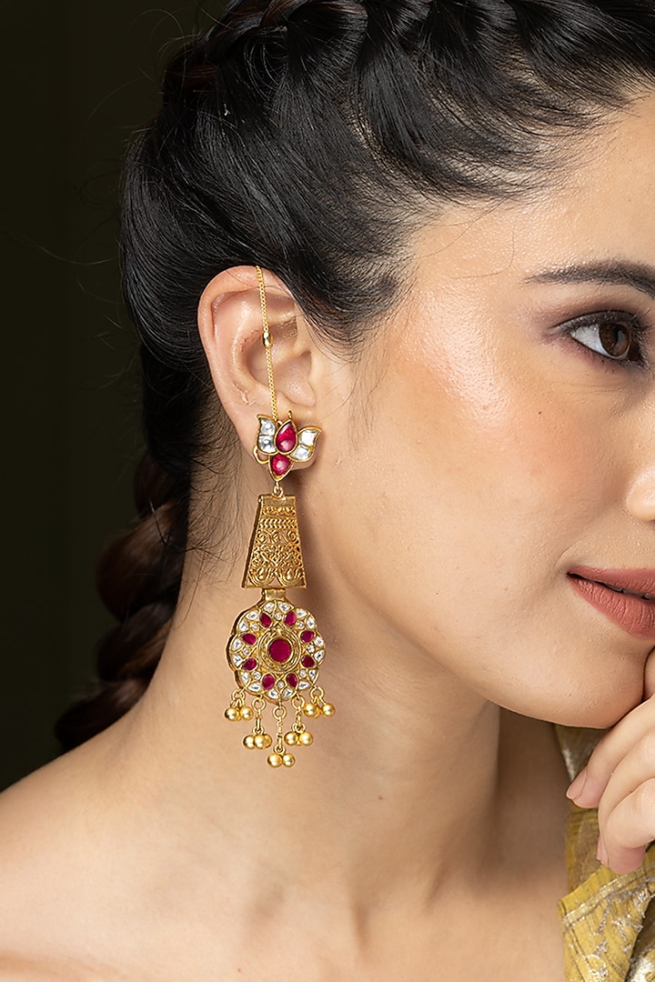 Gold Finish Pink Stone Earchains by Joules By Radhika at Pernia's Pop Up Shop