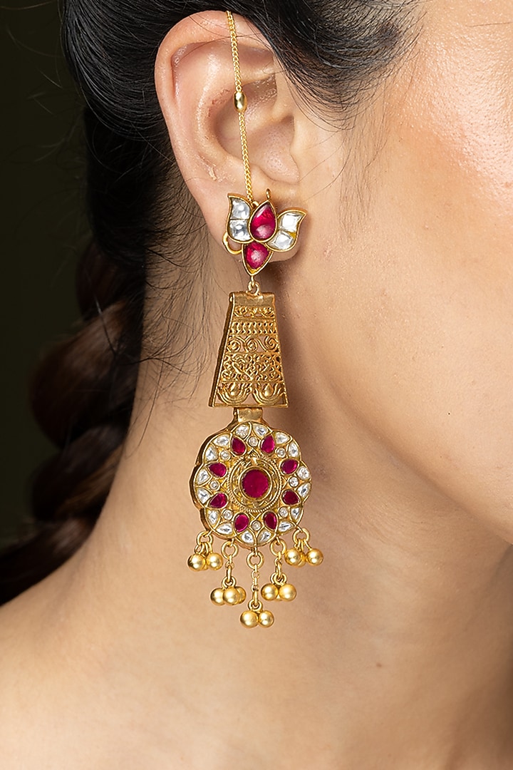 Gold Finish Pink Stone Earchains by Joules By Radhika at Pernia's Pop Up Shop