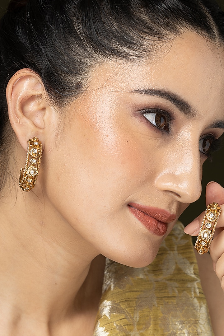 Gold Finish Stone Embellished Hoop Earrings by Joules By Radhika at Pernia's Pop Up Shop