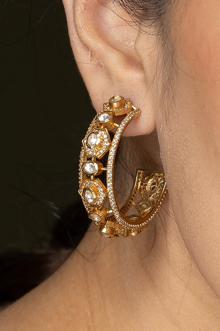 Gold Finish Stone Embellished Hoop Earrings by Joules By Radhika at Pernia's Pop Up Shop