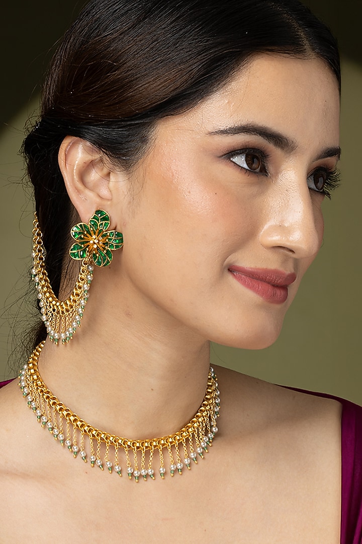 Gold Finish Pearl & Green Floral Earrings by Joules By Radhika at Pernia's Pop Up Shop