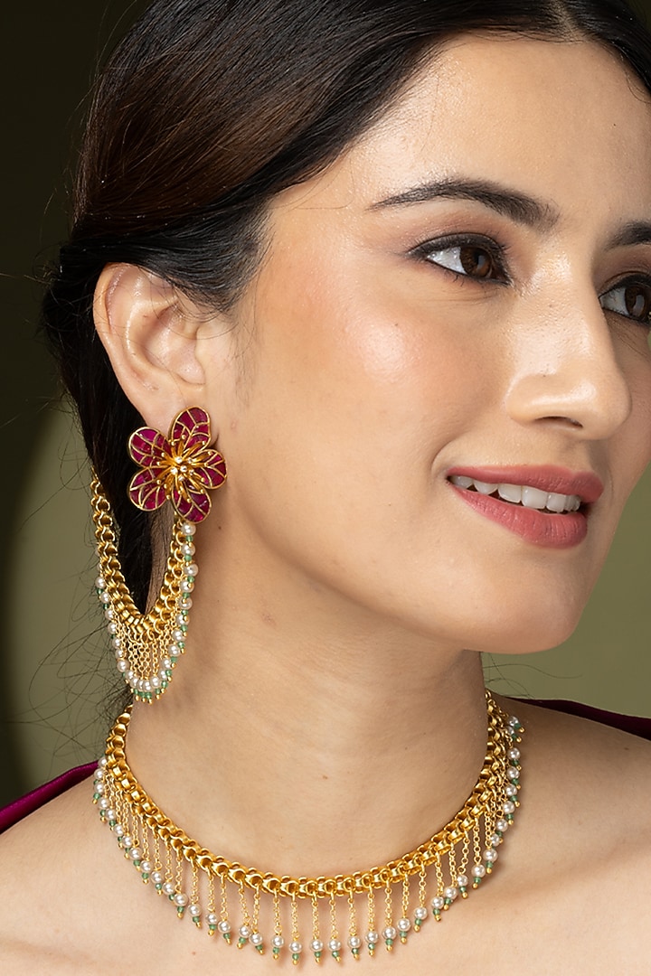 Gold Finish Pearl & Red Stone Earchains (Set Of 2) by Joules By Radhika at Pernia's Pop Up Shop