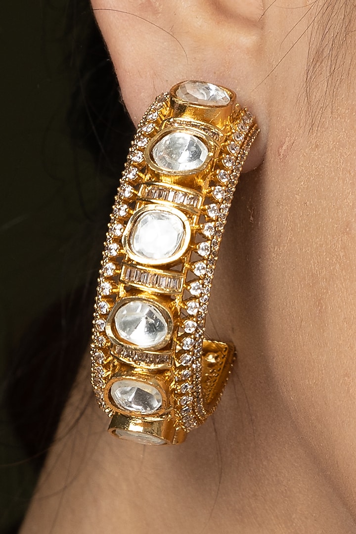 Gold Finish Uncut Stone Hoop Earrings by Joules By Radhika at Pernia's Pop Up Shop