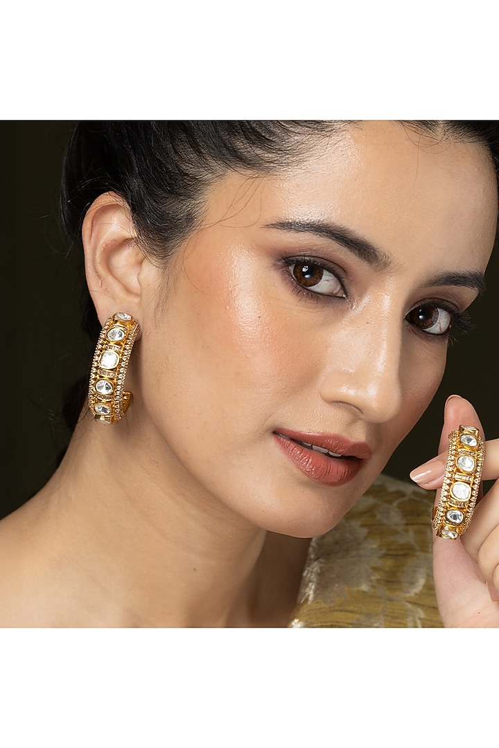Gold Finish Uncut Stone Hoop Earrings by Joules By Radhika at Pernia's Pop Up Shop