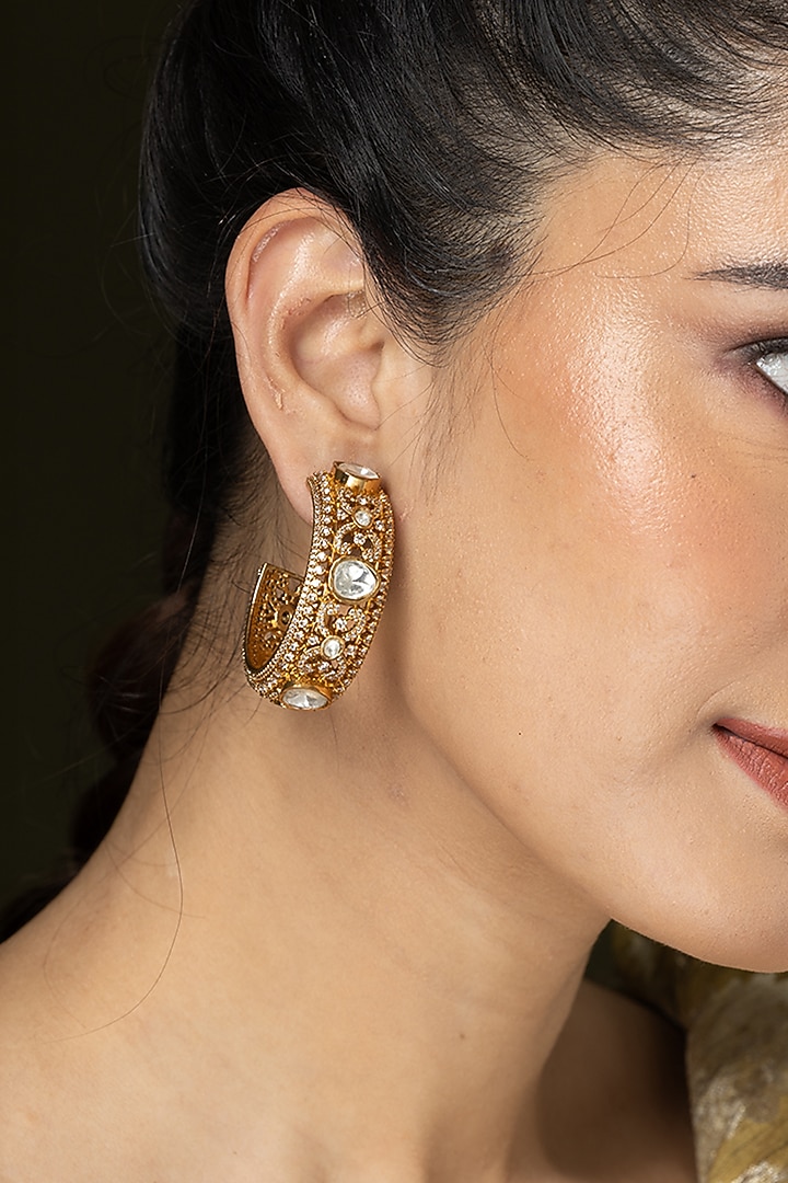 Gold Finish Uncut Stone Hoop Earrings by Joules By Radhika at Pernia's Pop Up Shop