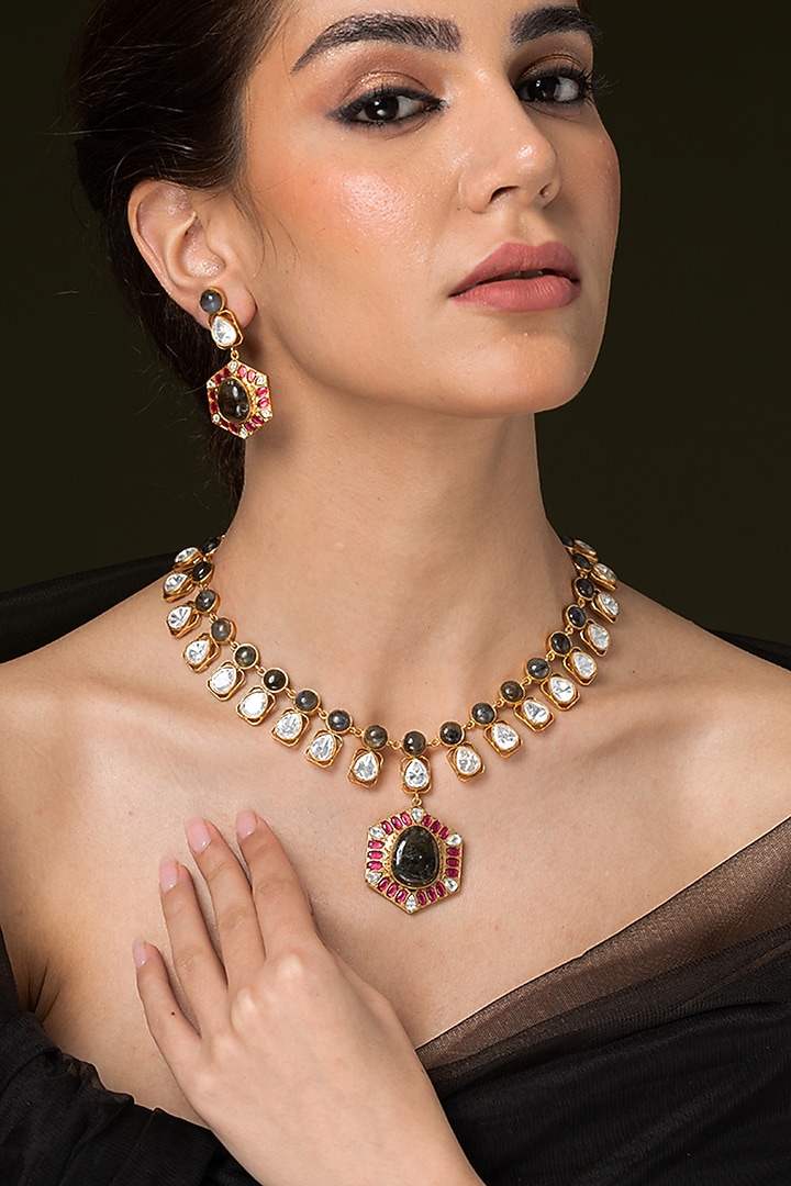 Gold Finish Gemstone Long Necklace Set by Joules By Radhika at Pernia's Pop Up Shop