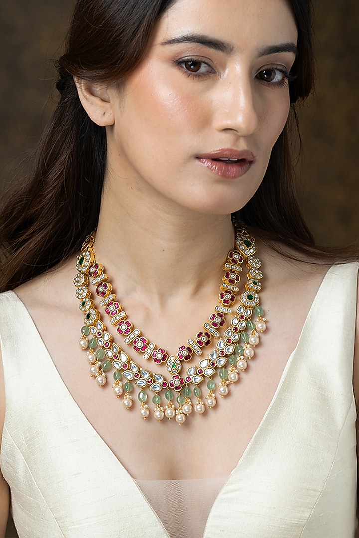 Gold Finish Multi-Colored Gemstone Layered Necklace by Joules By Radhika at Pernia's Pop Up Shop