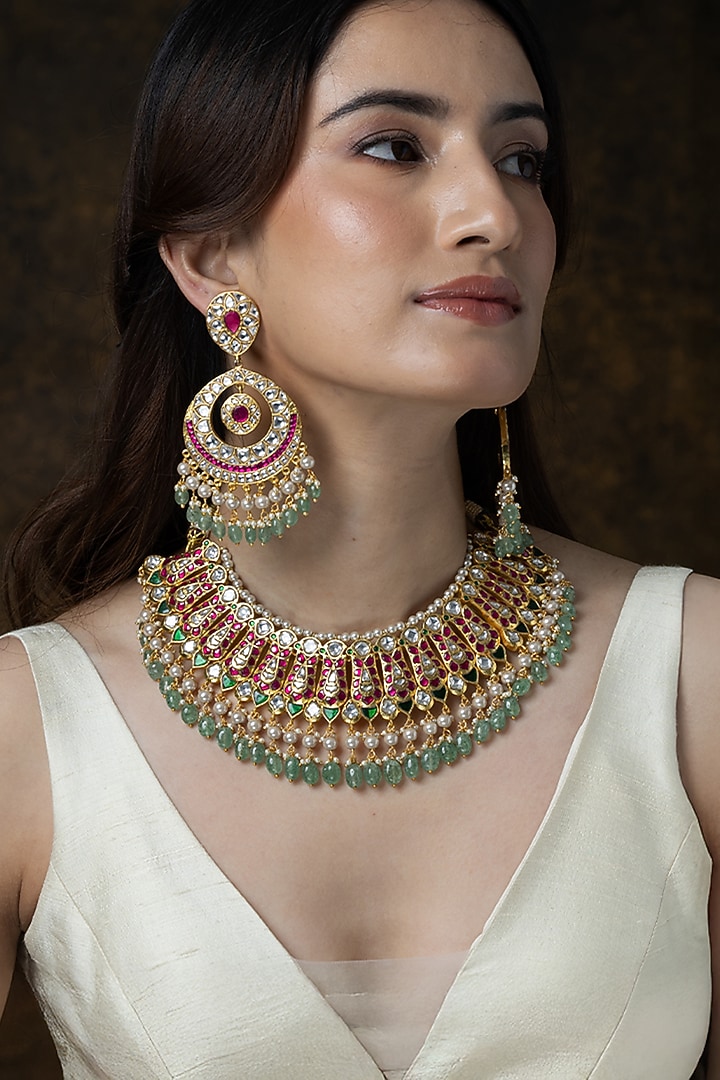 Gold Finish Gemstone & Teardrop Stone Necklace Set by Joules By Radhika at Pernia's Pop Up Shop