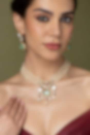 Gold Finish Green Stone & Pearl Long Pendant Necklace Set by Joules By Radhika at Pernia's Pop Up Shop