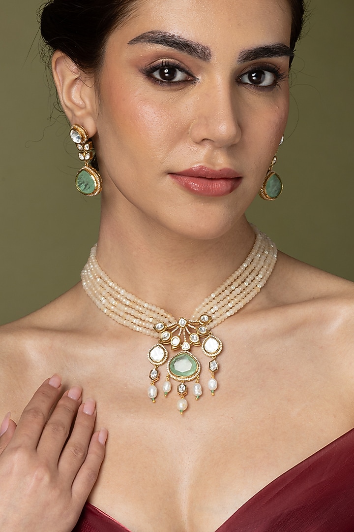 Gold Finish Green Stone & Pearl Long Pendant Necklace Set by Joules By Radhika at Pernia's Pop Up Shop