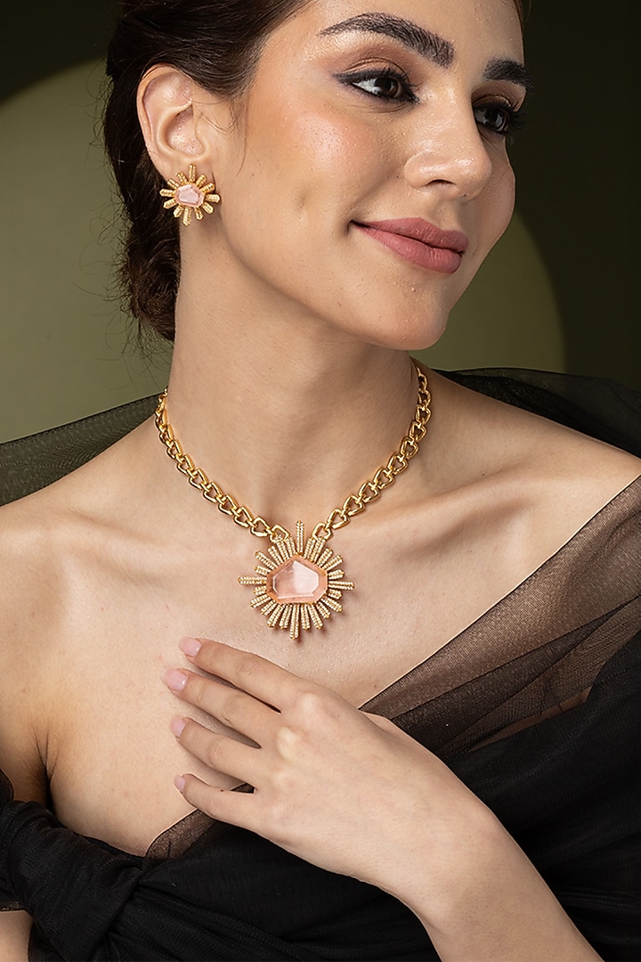 Gold Finish Blush Pink Stone Long Sunburst Pendant Necklace Set by Joules By Radhika at Pernia's Pop Up Shop