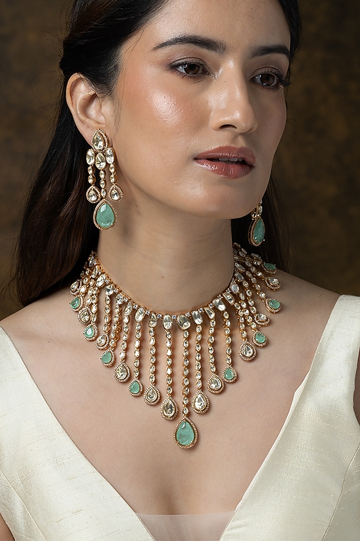 Gold Finish Green Stone Necklace Set by Joules By Radhika at Pernia's Pop Up Shop