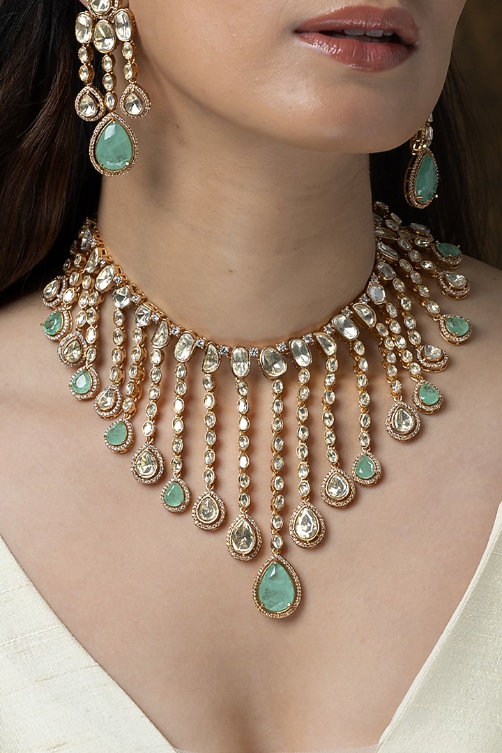 Gold Finish Green Stone Necklace Set by Joules By Radhika at Pernia's Pop Up Shop