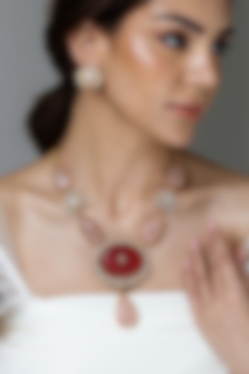 Gold Finish Rose Quartz Teardrop & Kundan Polki Long Necklace Set by Joules By Radhika at Pernia's Pop Up Shop