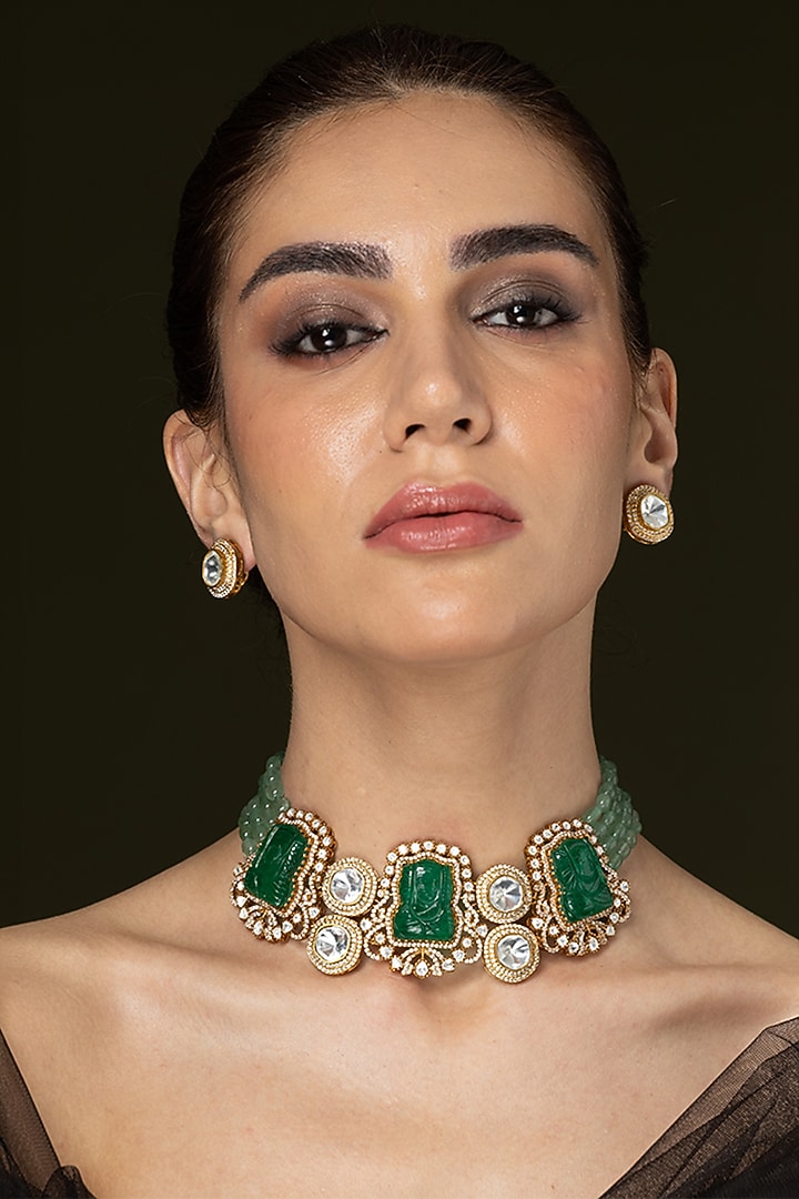 Gold Finish Emerald Stone & Green Beaded Choker Necklace Set by Joules By Radhika at Pernia's Pop Up Shop