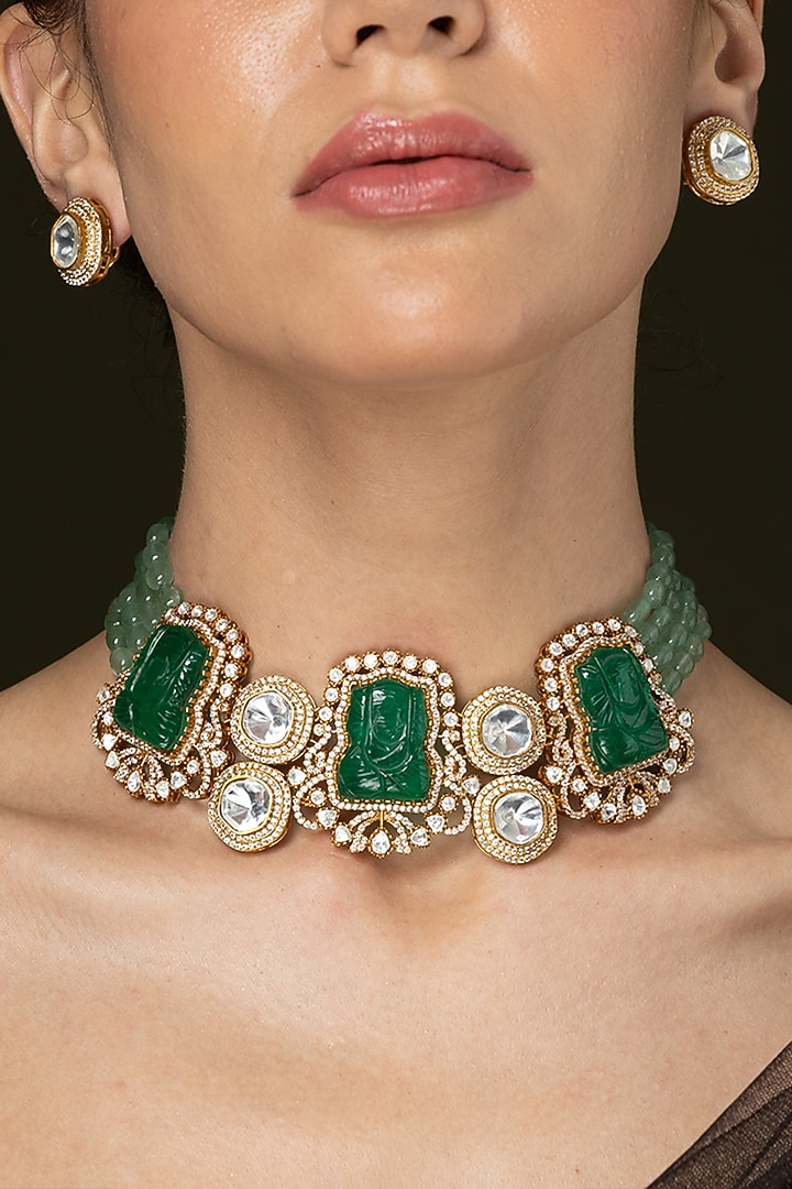 Gold Finish Emerald Stone & Green Beaded Choker Necklace Set by Joules By Radhika at Pernia's Pop Up Shop