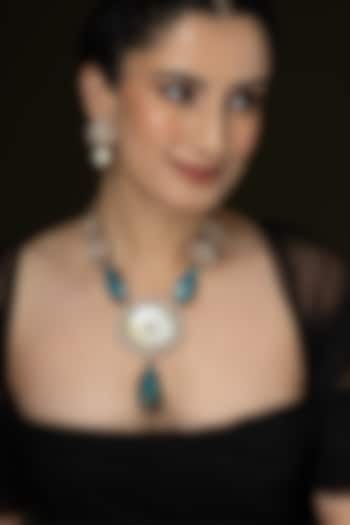 Gold Finish Blue Stone & Pearl Long Necklace Set by Joules By Radhika at Pernia's Pop Up Shop