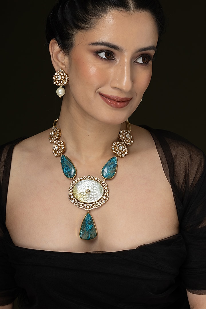 Gold Finish Blue Stone & Pearl Long Necklace Set by Joules By Radhika at Pernia's Pop Up Shop