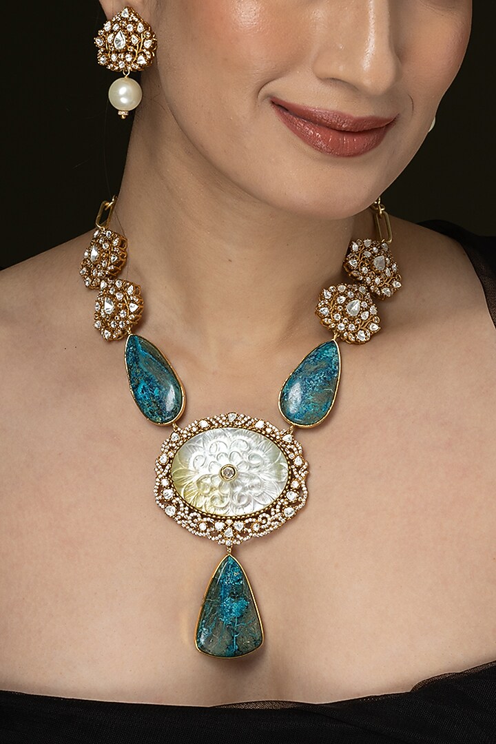 Gold Finish Blue Stone & Pearl Long Necklace Set by Joules By Radhika at Pernia's Pop Up Shop
