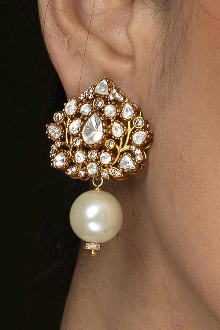 Gold Finish Blue Stone & Pearl Long Necklace Set by Joules By Radhika at Pernia's Pop Up Shop