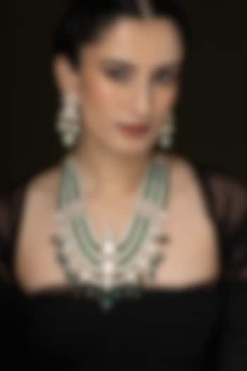 Gold Finish Kundan Polki & Green Stone Layered Necklace Set by Joules By Radhika at Pernia's Pop Up Shop