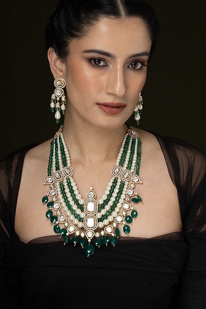 Gold Finish Kundan Polki & Green Stone Layered Necklace Set by Joules By Radhika at Pernia's Pop Up Shop