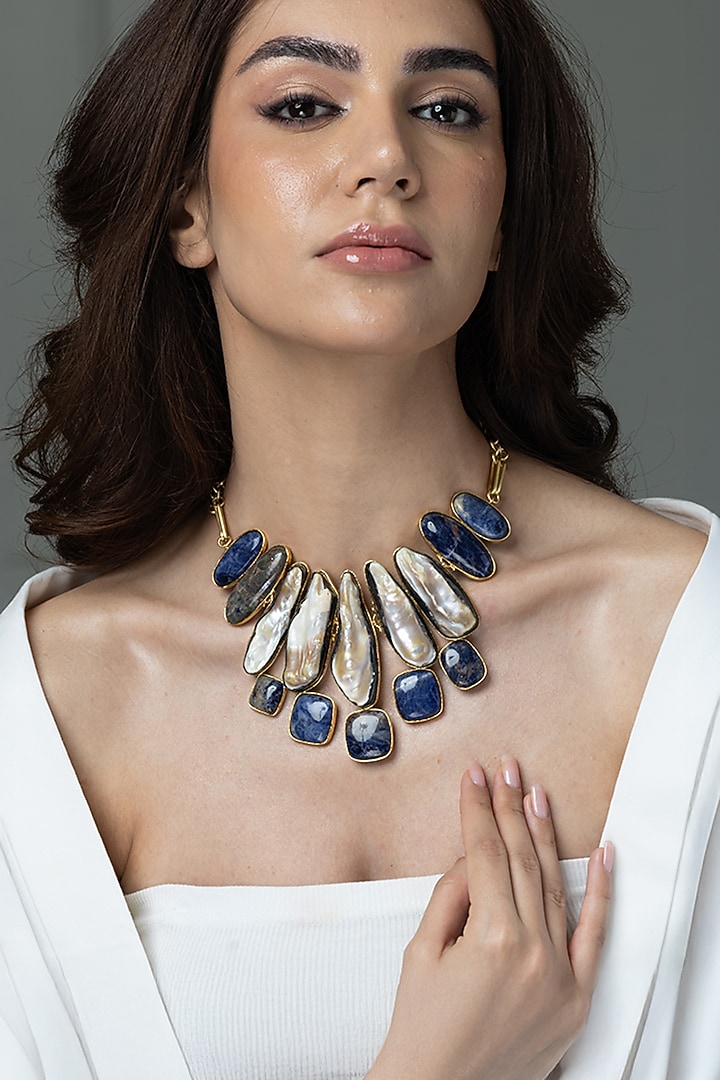 Gold Finish Stone & Pearl Drop Necklace by Joules By Radhika at Pernia's Pop Up Shop