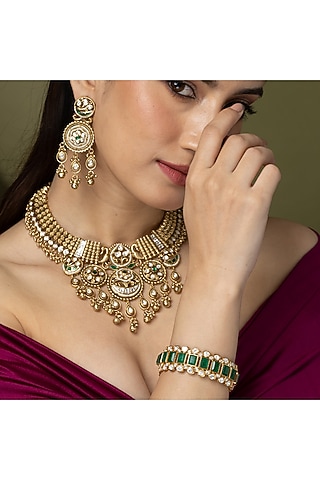 Gold Finish Square-Cut Green Stone Bangle by Joules By Radhika