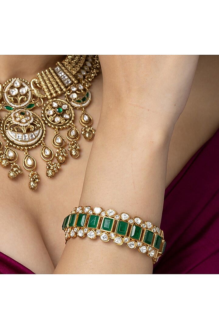 Gold Finish Square-Cut Green Stone Bangle by Joules By Radhika at Pernia's Pop Up Shop
