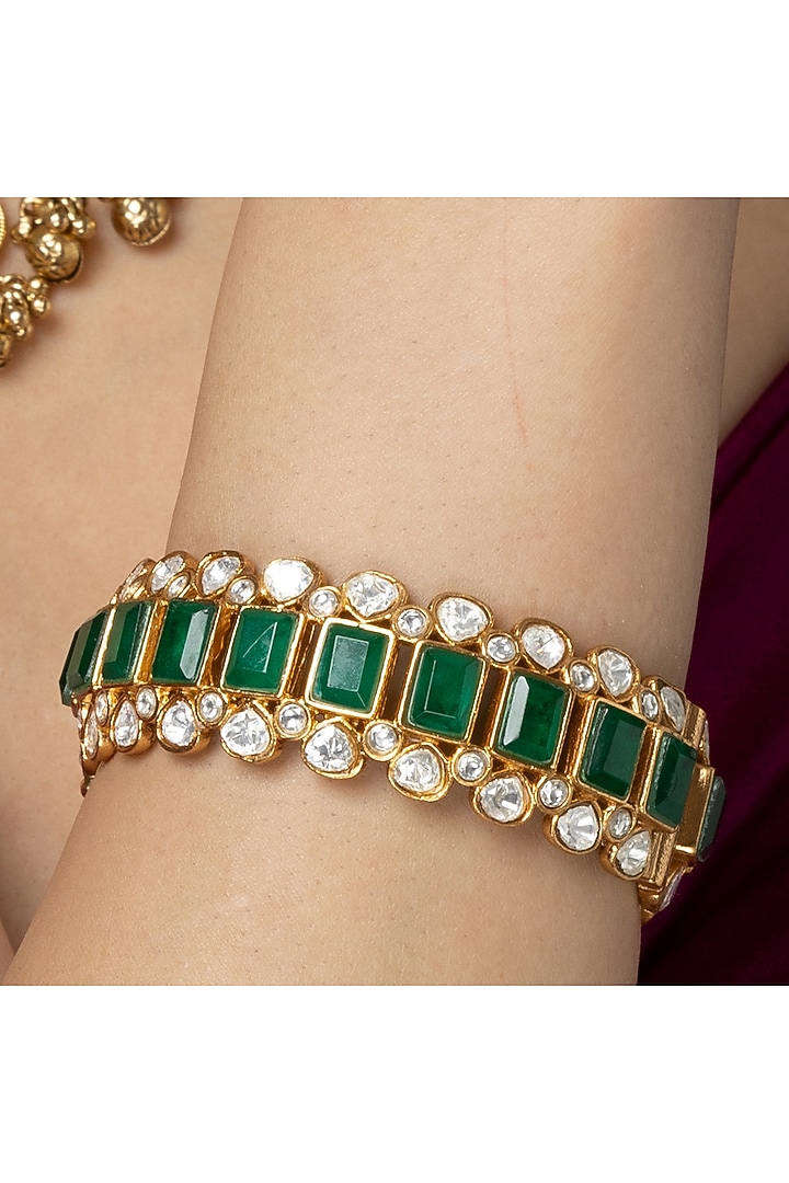 Gold Finish Square-Cut Green Stone Bangle by Joules By Radhika at Pernia's Pop Up Shop