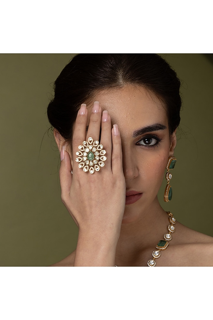 Gold Finish Teardrop Gem & Uncut Polki Floral Ring by Joules By Radhika at Pernia's Pop Up Shop