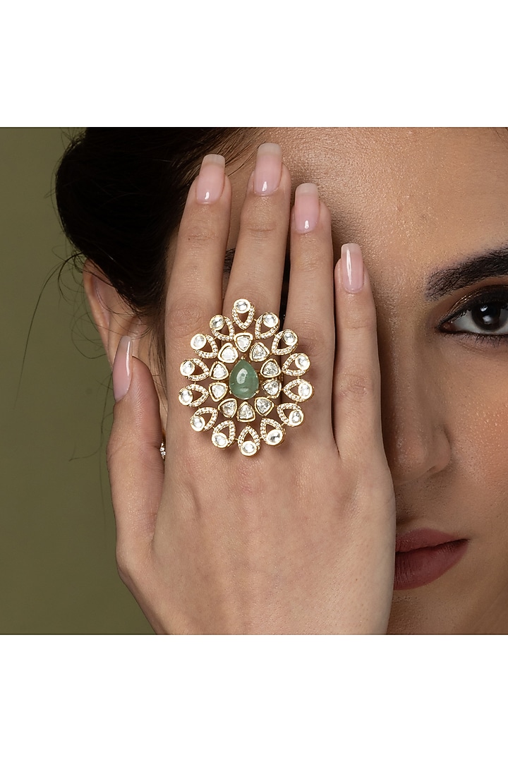 Gold Finish Teardrop Gem & Uncut Polki Floral Ring by Joules By Radhika at Pernia's Pop Up Shop