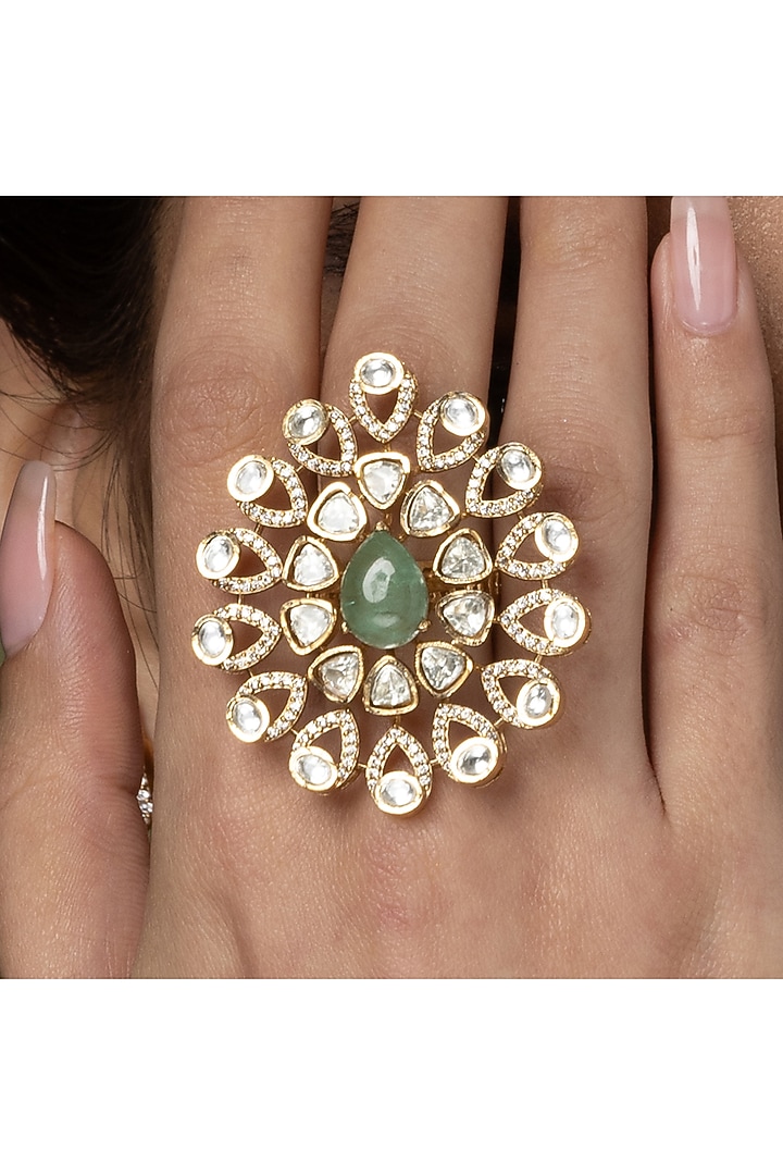 Gold Finish Teardrop Gem & Uncut Polki Floral Ring by Joules By Radhika at Pernia's Pop Up Shop