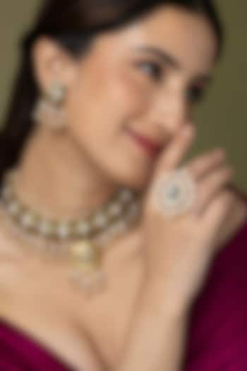 Gold Finish Emerald & Kundan Polki Ring by Joules By Radhika at Pernia's Pop Up Shop