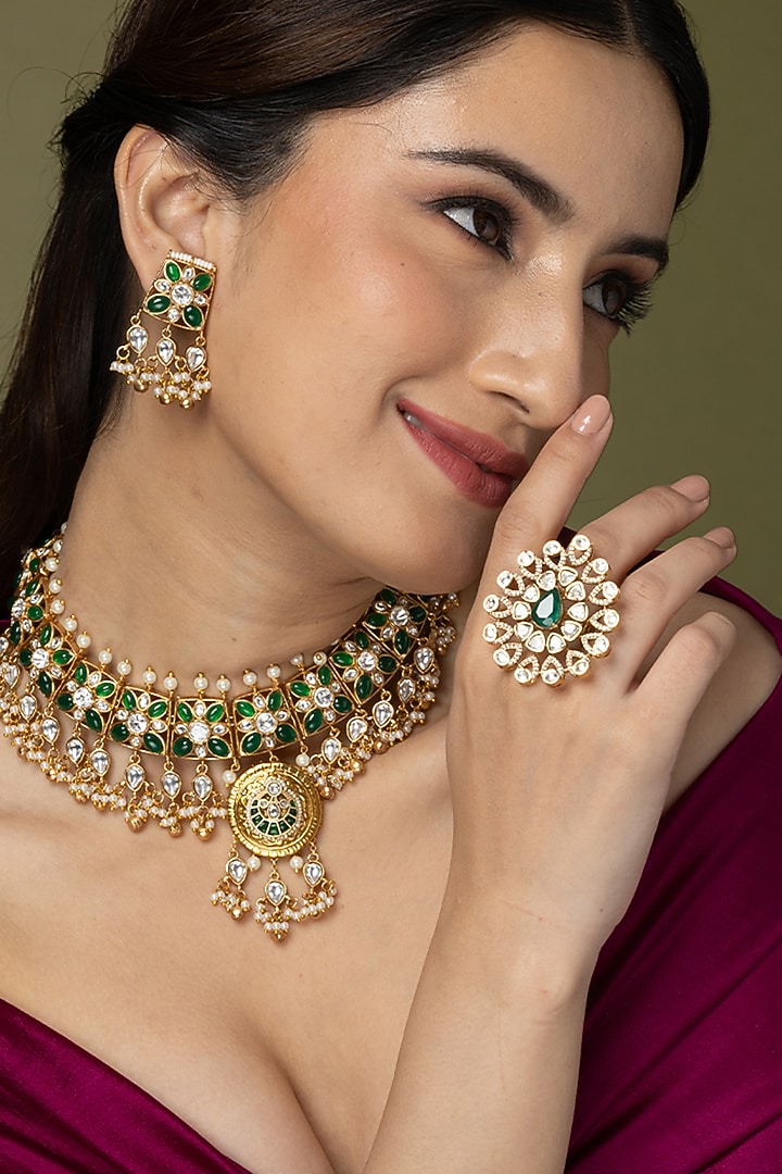 Gold Finish Emerald & Kundan Polki Ring by Joules By Radhika at Pernia's Pop Up Shop