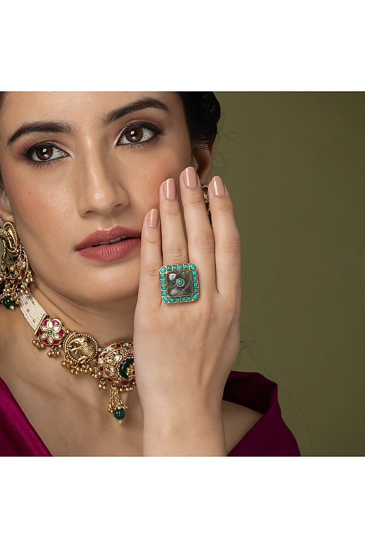 Gold Finish Labradorite Gemstone Ring by Joules By Radhika at Pernia's Pop Up Shop