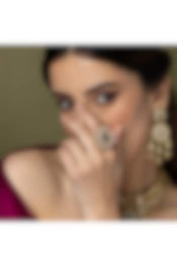 Gold Finish Blue-Green Stone & Diamond Floral Ring by Joules By Radhika at Pernia's Pop Up Shop