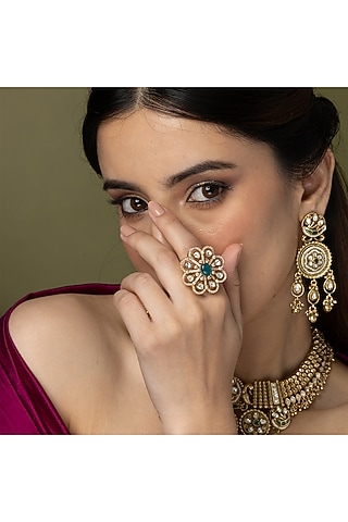 Gold Finish Blue-Green Stone & Diamond Floral Ring by Joules By Radhika
