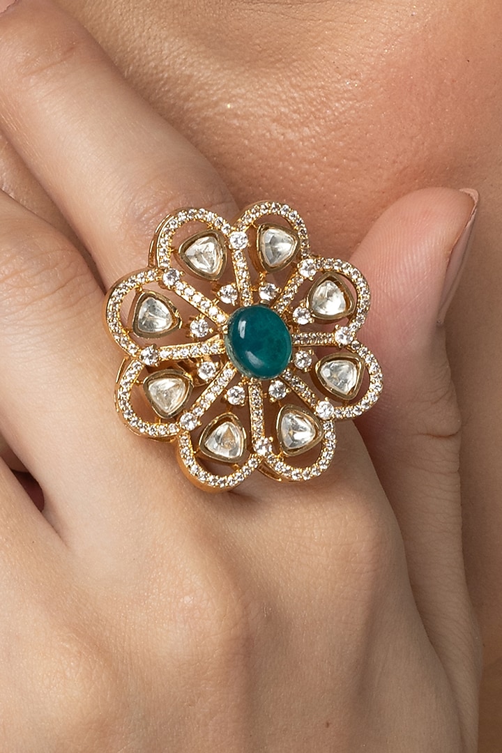 Gold Finish Blue-Green Stone & Diamond Floral Ring by Joules By Radhika at Pernia's Pop Up Shop