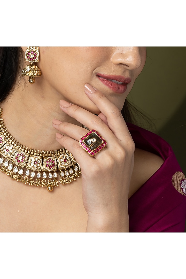 Gold Finish Labradorite Gemstone Ring by Joules By Radhika at Pernia's Pop Up Shop