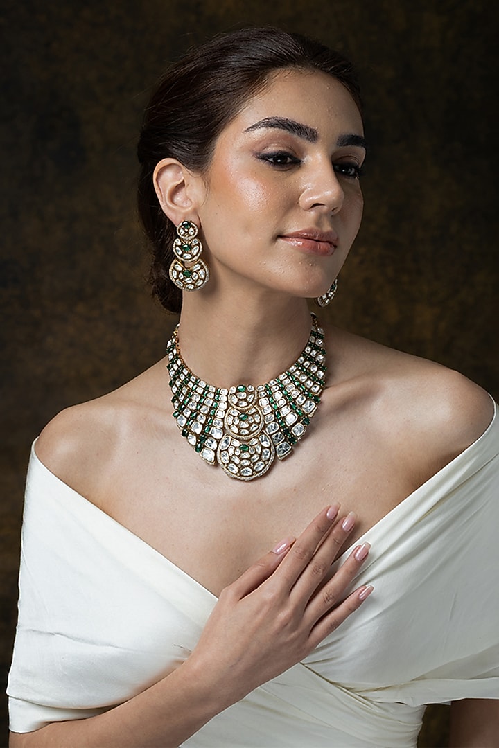 Gold Finish Emerald Green Stone Necklace Set by Joules By Radhika at Pernia's Pop Up Shop