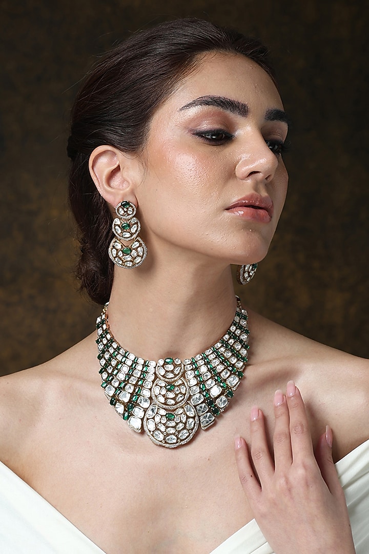 Gold Finish Emerald Green Stone Necklace Set by Joules By Radhika at Pernia's Pop Up Shop