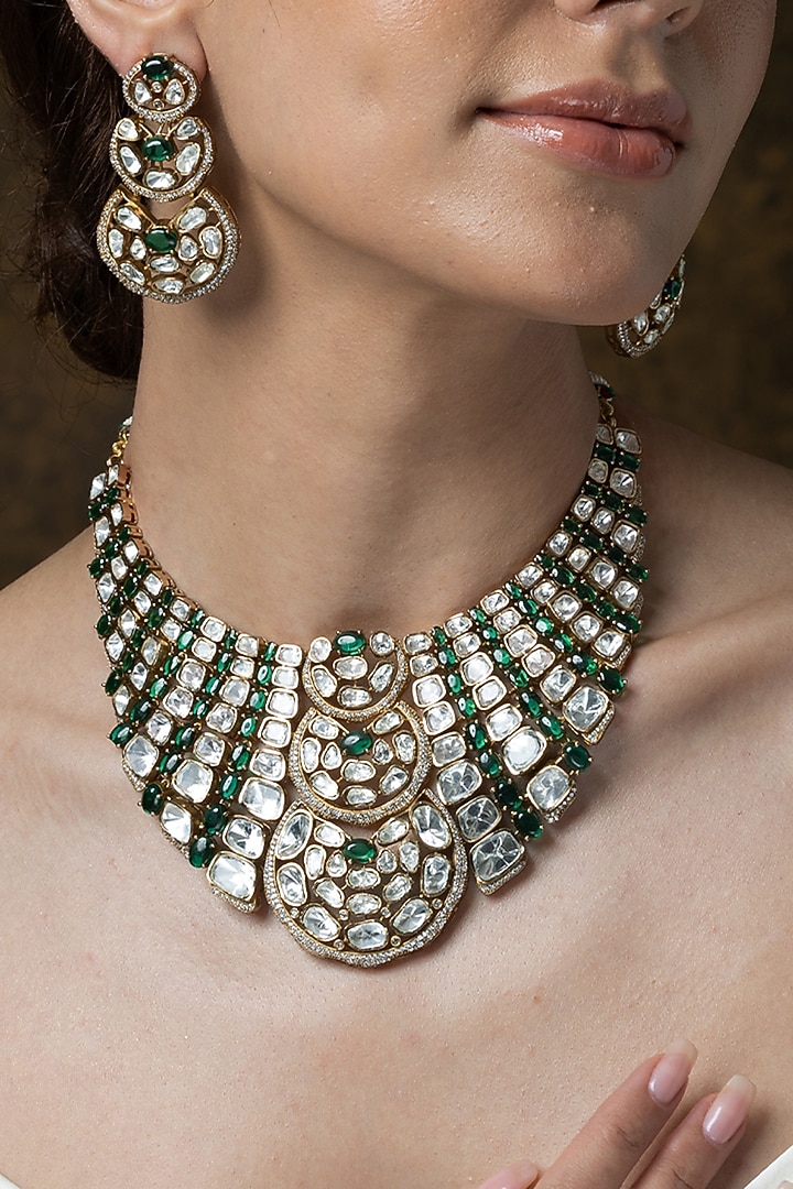 Gold Finish Emerald Green Stone Necklace Set by Joules By Radhika at Pernia's Pop Up Shop