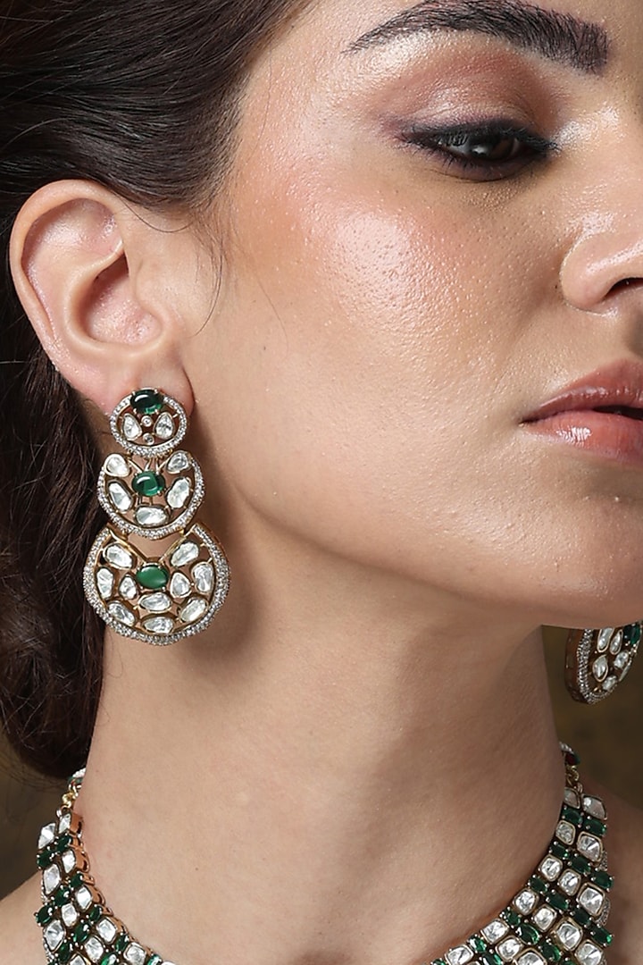 Gold Finish Emerald Green Stone Necklace Set by Joules By Radhika at Pernia's Pop Up Shop
