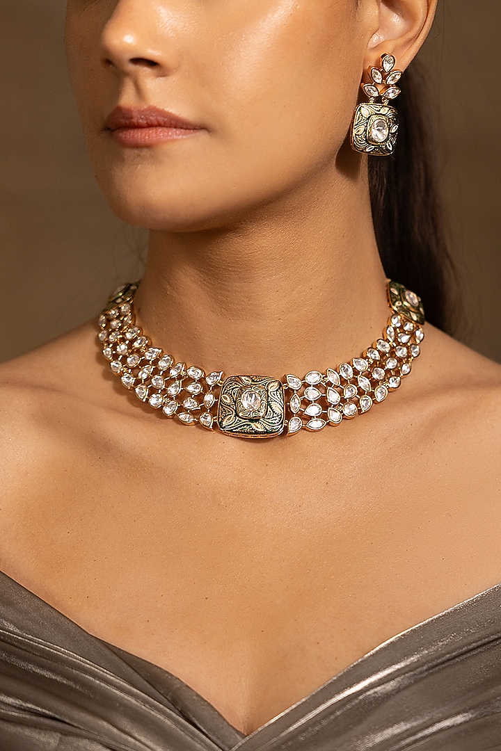 Gold Finish Green Stone Choker Necklace Set by Joules By Radhika at Pernia's Pop Up Shop