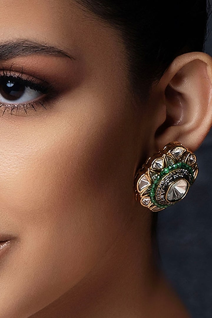 Gold Plated Hydro Polki & Green Agate Bead Stud Earrings by Joules By Radhika at Pernia's Pop Up Shop