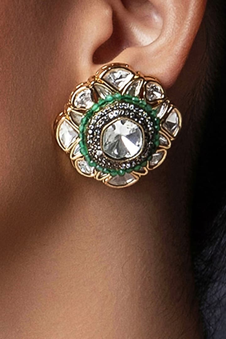 Gold Plated Hydro Polki & Green Agate Bead Stud Earrings by Joules By Radhika at Pernia's Pop Up Shop